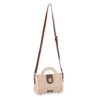 Side view of a rectangular cream woven straw bag featuring a brown leather turn-lock closure, matching strap, and bronze hardware