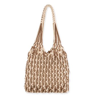 Front view of tan macramé Sun N Sand shoulder bag featuring circular knotted flower patterns, long fringe hem, and braided handle.