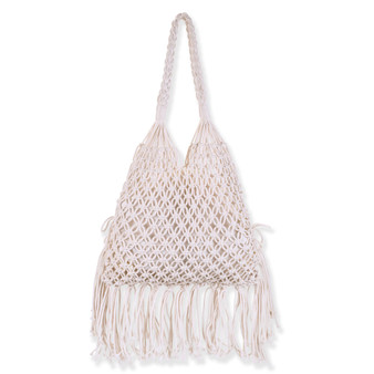 Front view of cream macramé Sun N Sand shoulder bag featuring circular knotted flower patterns, long fringe hem, and braided handle.