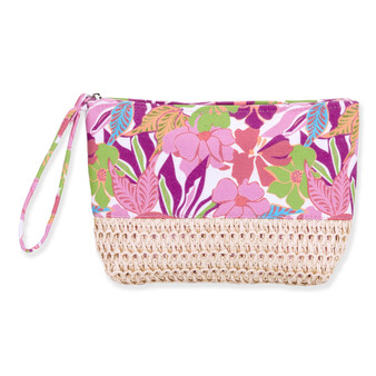 Front view of Sun N Sand wristlet featuring vibrant floral canvas upper, woven straw bottom, matching fabric strap, and silver-tone zipper.