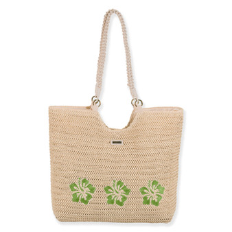 Front view of cream crochet Sun N Sand tote featuring green embroidered hibiscus flowers, braided rope handles, and gold-tone rings.