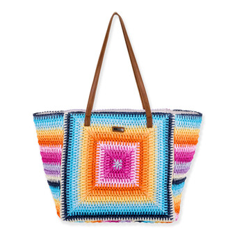 Front view of multi-color crochet Sun N Sand tote featuring concentric rainbow square patterns, star center, and brown leather straps.