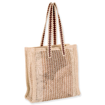 Side view of Sun N Sand hollow willow shoulder tote featuring cream open-weave mesh and brown scalloped faux-leather straps.
