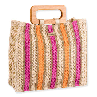 Three Quarters view of pink and orange striped crochet Sun N Sand tote featuring gold metallic rows and rectangular wood handles.