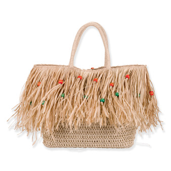 Front view of natural straw Sun N Sand shoulder tote featuring heavy raffia fringe, colorful wood beads, and woven handles.