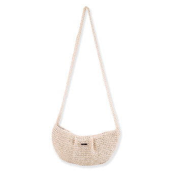 Front view of cream Sun N Sand crochet crescent crossbody bag featuring a curved half-moon shape and long matching woven strap.
