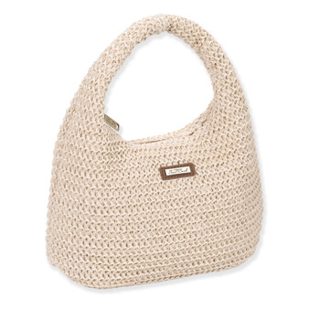 Three quarters view of cream Sun N Sand crochet hobo bag featuring open-weave texture, integrated top handle, and brown leather logo.