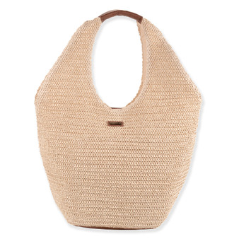 Front view of cream Sun N Sand crochet hobo tote featuring a curved silhouette, brown pebbled faux-leather integrated handle grip.