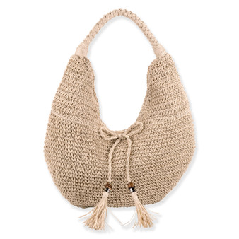 Front view of tan crochet Sun N Sand hobo bag featuring braided shoulder strap, drawstring tie with tassels, and beads.