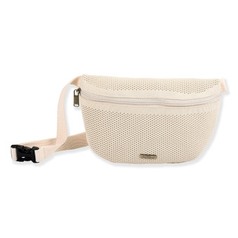 Three-quarter front view of Sun 'N' Sand cream mesh belt bag, featuring a zippered top, adjustable webbing strap, and buckle.