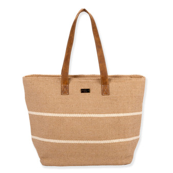 Front view of Sun 'N' Sand tan burlap tote, white horizontal stripes, brown faux leather shoulder straps, and logo plate.