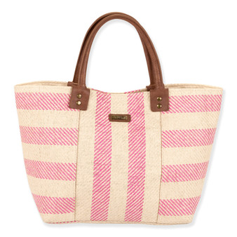Front view of Sun 'N' Sand pink horizontal and vertical striped straw tote, brown faux leather handles, and brass rivets.