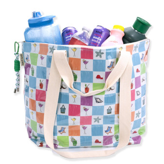 Three-quarter front view of Sun 'N' Sand checkered tote, filled with beverages, showing glossy finish, tan handles, and green toggle. | Props Not Included