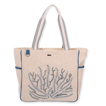 Front view of beige Sun 'N' Sand Beaded Coral shoulder tote featuring woven canvas texture, blue beaded coral applique, and blue-trimmed straps.