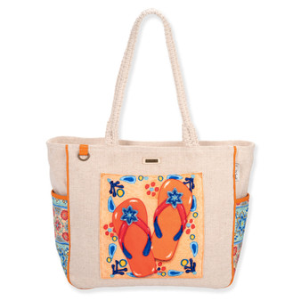 Front view of beige Sun 'N' Sand Andrea Tachiera shoulder tote featuring woven canvas, flip-flop applique, and braided rope handles.