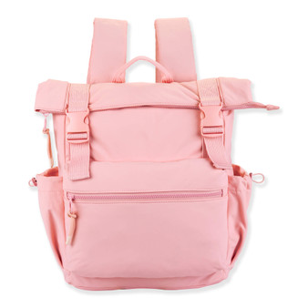 Front view of pink Sun 'N' Sand Isla Voyager roll-top backpack featuring matte nylon texture, dual plastic buckles, and zipper.