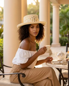 Ivory gambler hat featuring Sparkly Metallic Lurex, Adjustable, UPF 50+.