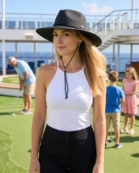 Black safari hat featuring Chin Cord, Adjustable, UPF 50+.