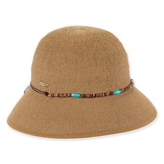 Tan bucket hat featuring Packable, Adjustable, UPF 50+.