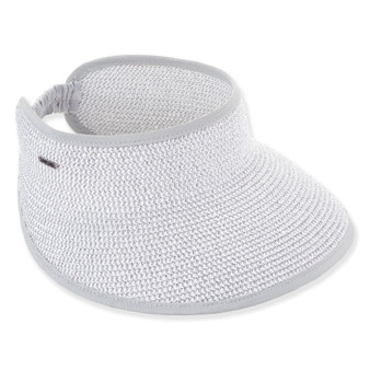 White visor hat featuring Sparkly Metallic Lurex, UPF 50+, Adjustable.