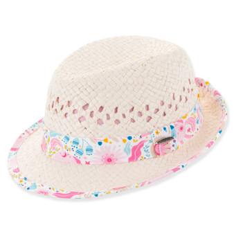 Ivory fedora hat with a unicorn floral print featuring UPF 50+, Adjustable.