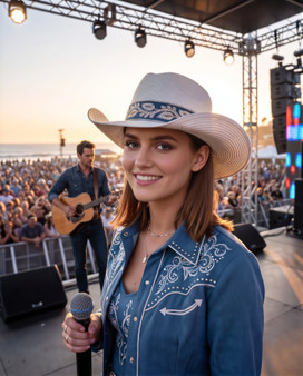 Three-quarter studio view of Sun N Sand HH3522 white western hat featuring a blue embroidered floral crown band and metallic logo.