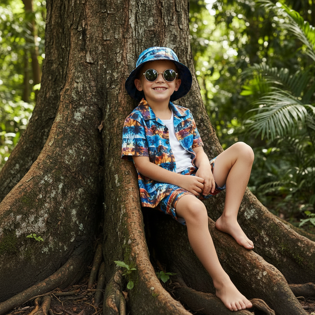 Lifestyle front view of the Sun N Sand HK252 boys' bucket hat in blue sunset palm tree print, featuring a reinforced downward-sloping brim and breathable fabric construction for comfortable shade during outdoor adventures.