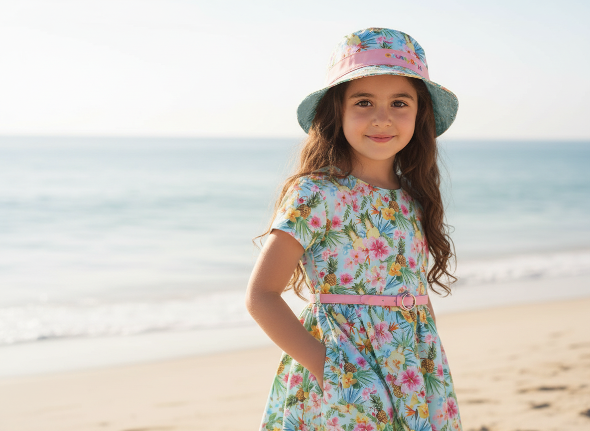 Lifestyle front view of the Sun N Sand HK235 girls' sun hat in light blue tropical floral print, featuring a pink contrast ribbon band and wide protective brim for stylish sun protection during beach outings.