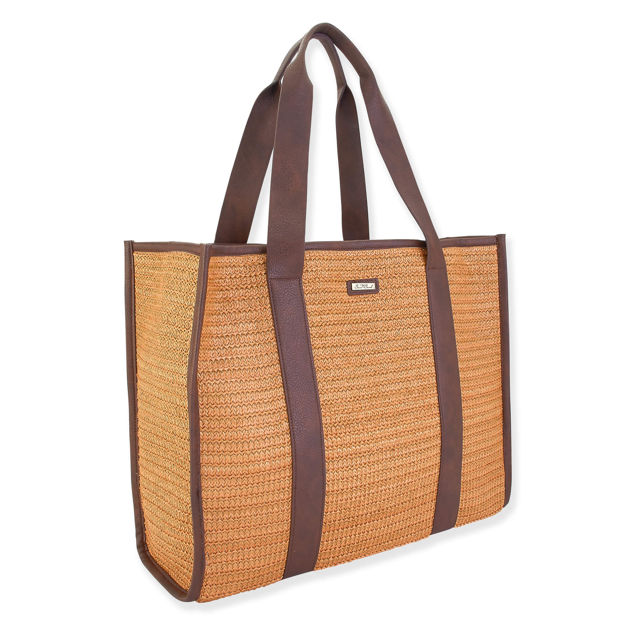 Tan - Poly Straw Shoulder Tote