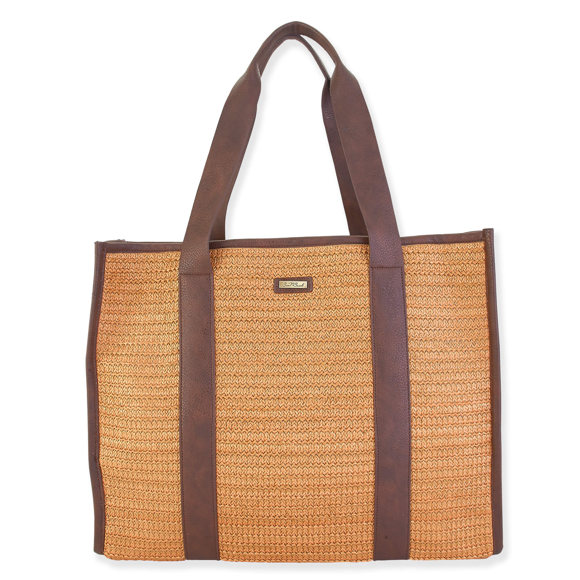 Tan - Poly Straw Shoulder Tote