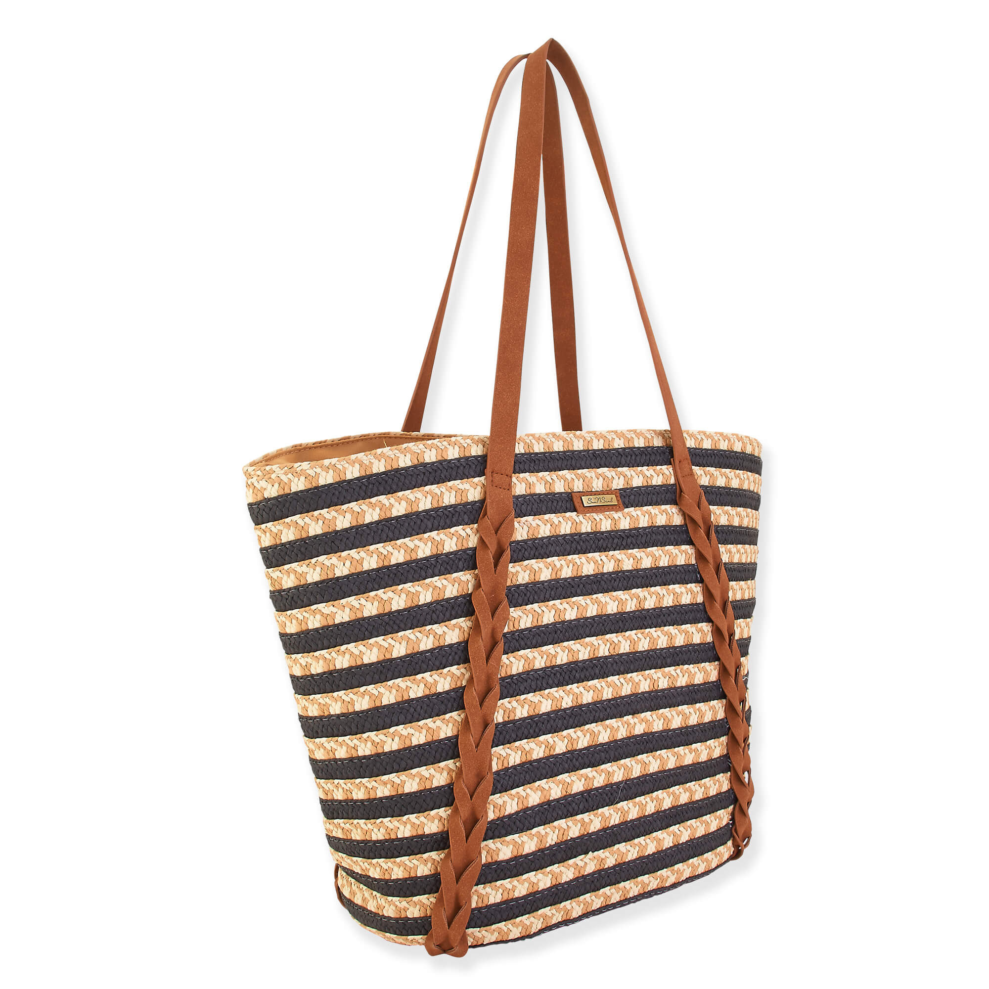 Black - Natural Straw Shoulder Tote