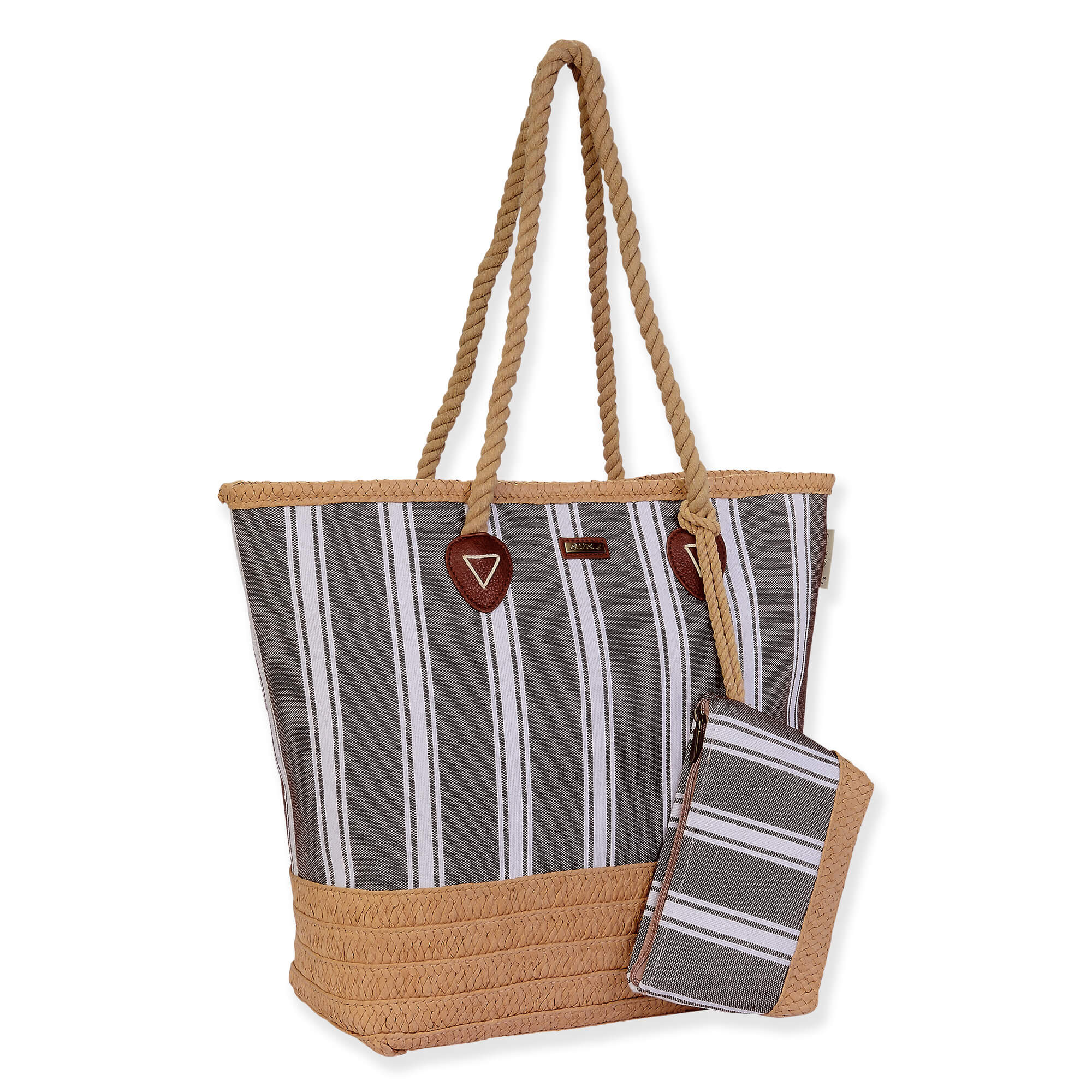 Brown, Poly Cotton/Paper Straw Shoulder Tote | CE6604 B | Side View