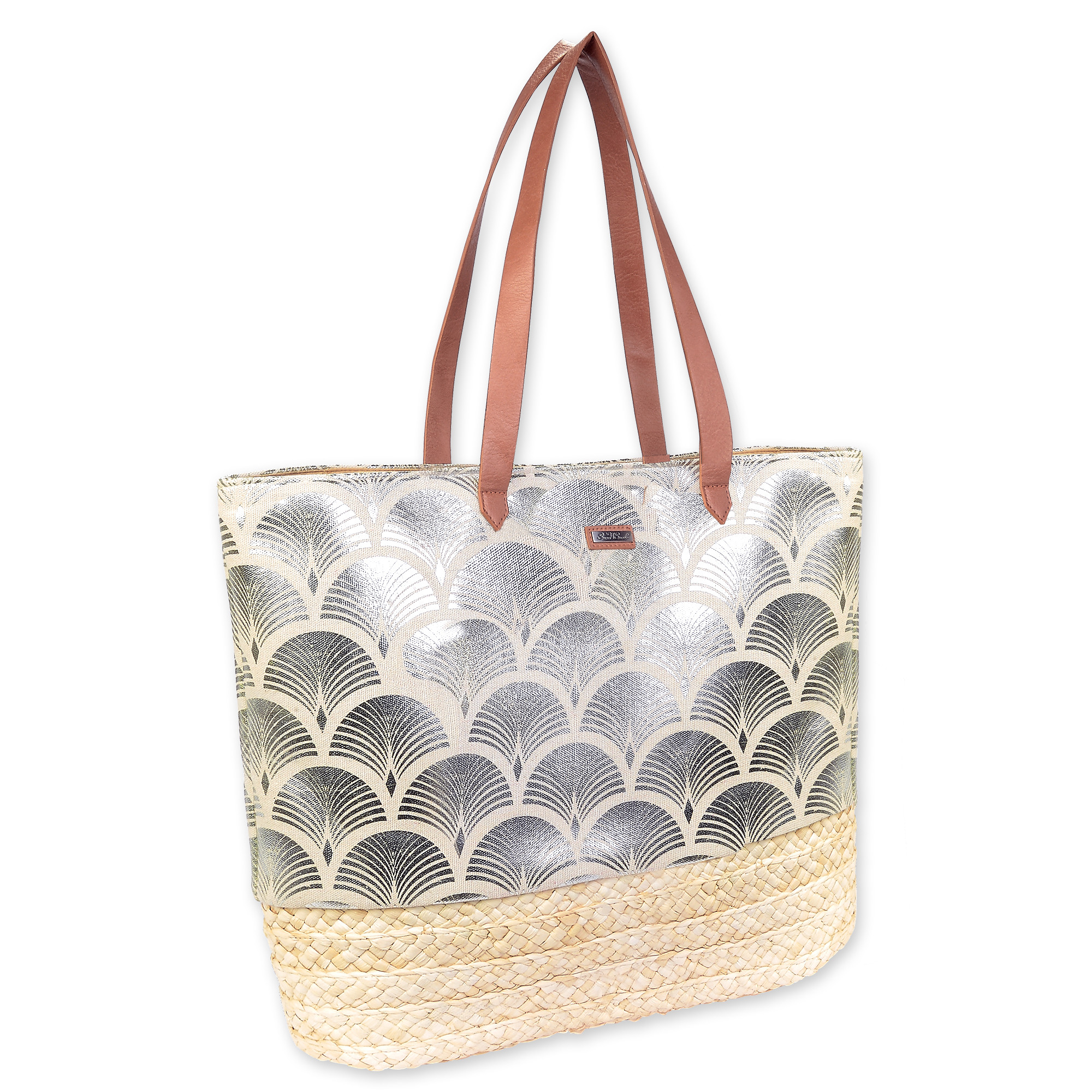 Silver, Jute Linen/Corn Husk Shoulder Tote | CE6624 A | Side View