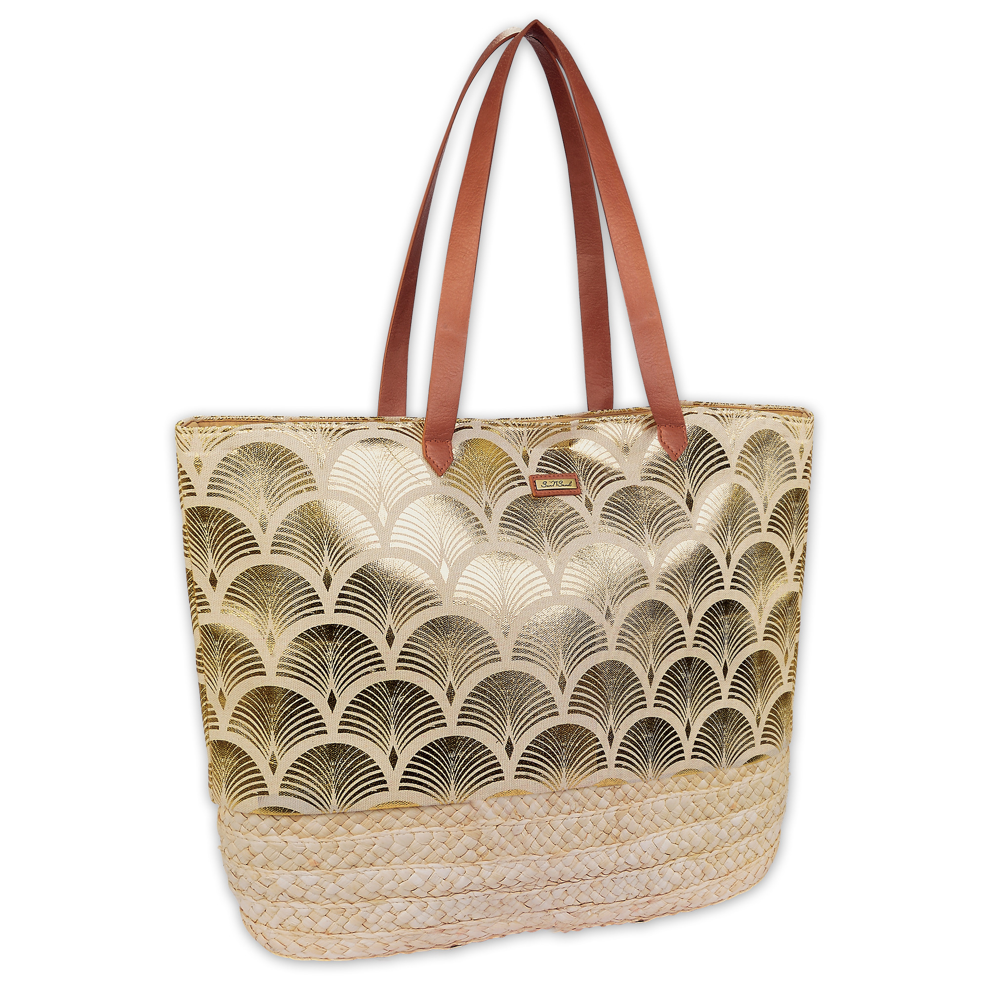 Gold, Jute Linen/Corn Husk Shoulder Tote | CE6624 B | Side View