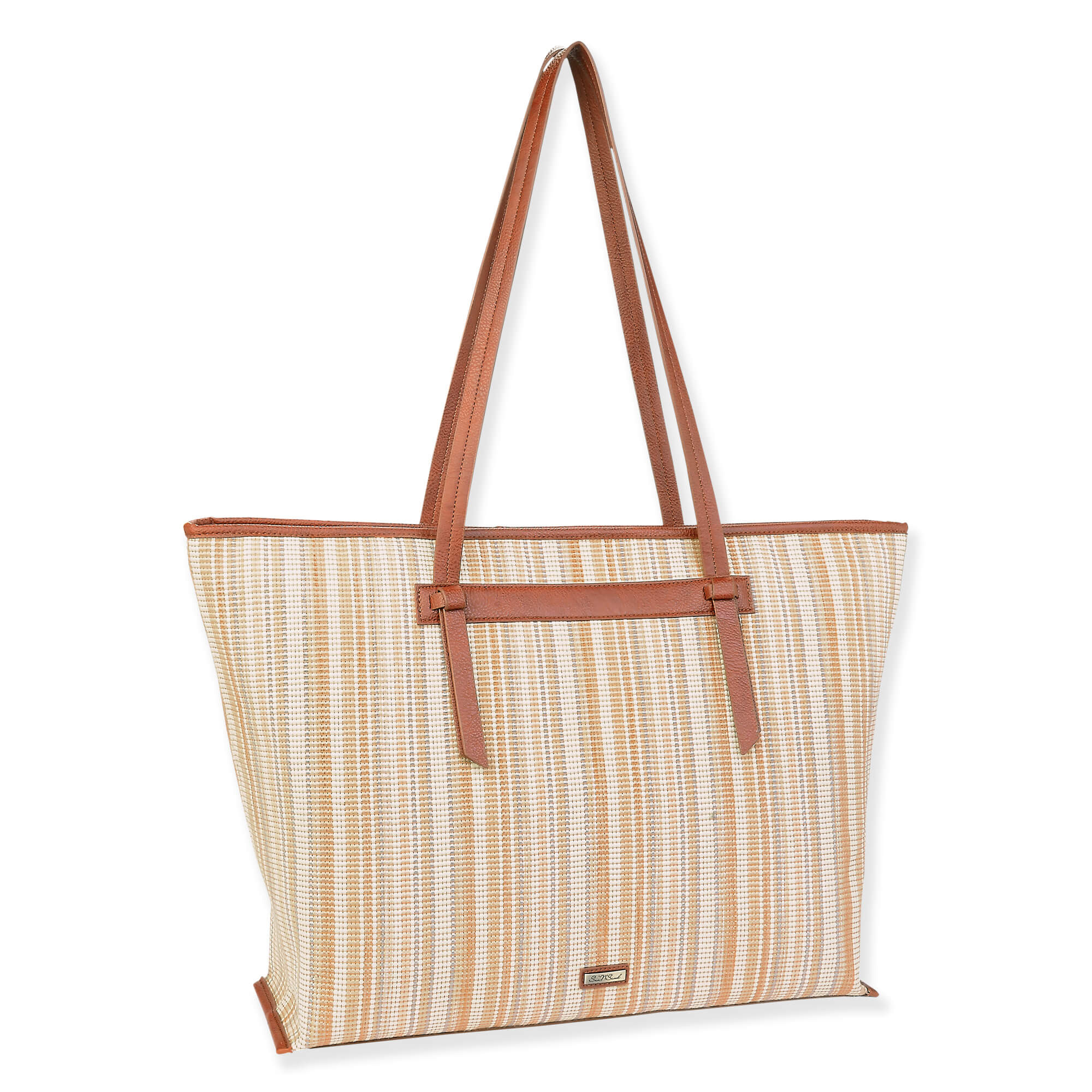 Tan, Poly Straw Shoulder Tote | CE6635 A | Side View