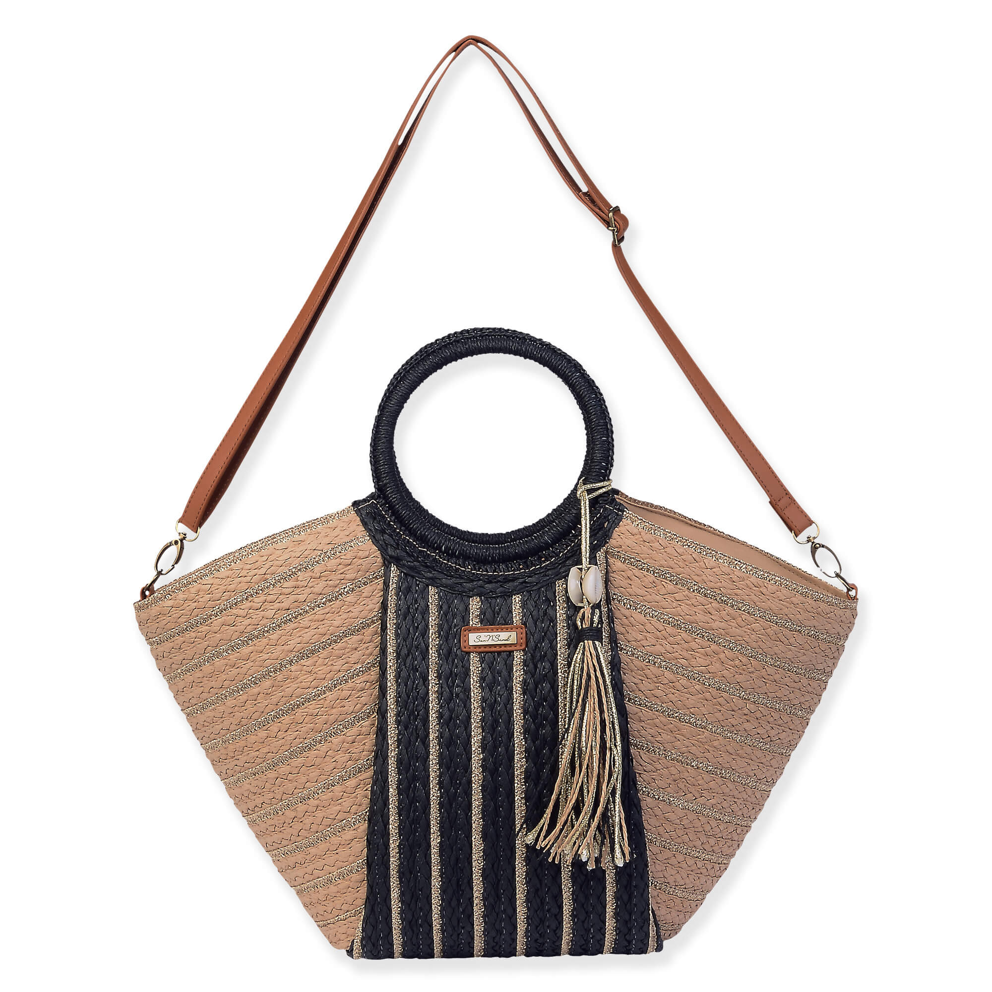 Tan, Paper Straw Shoulder Tote | CE6639 B