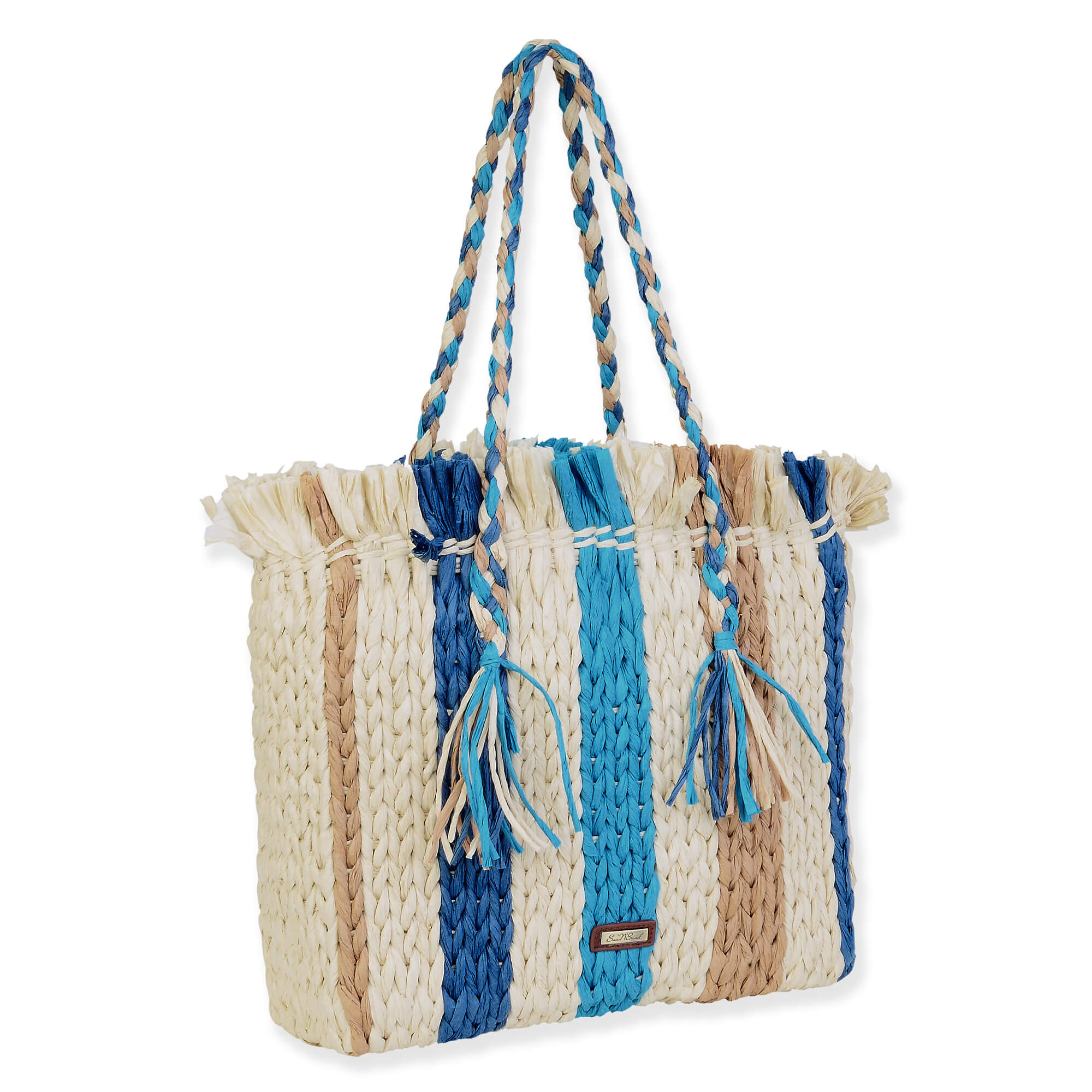 Blue Multi, Paper Straw Shoulder Tote | CE6677 B | Side View