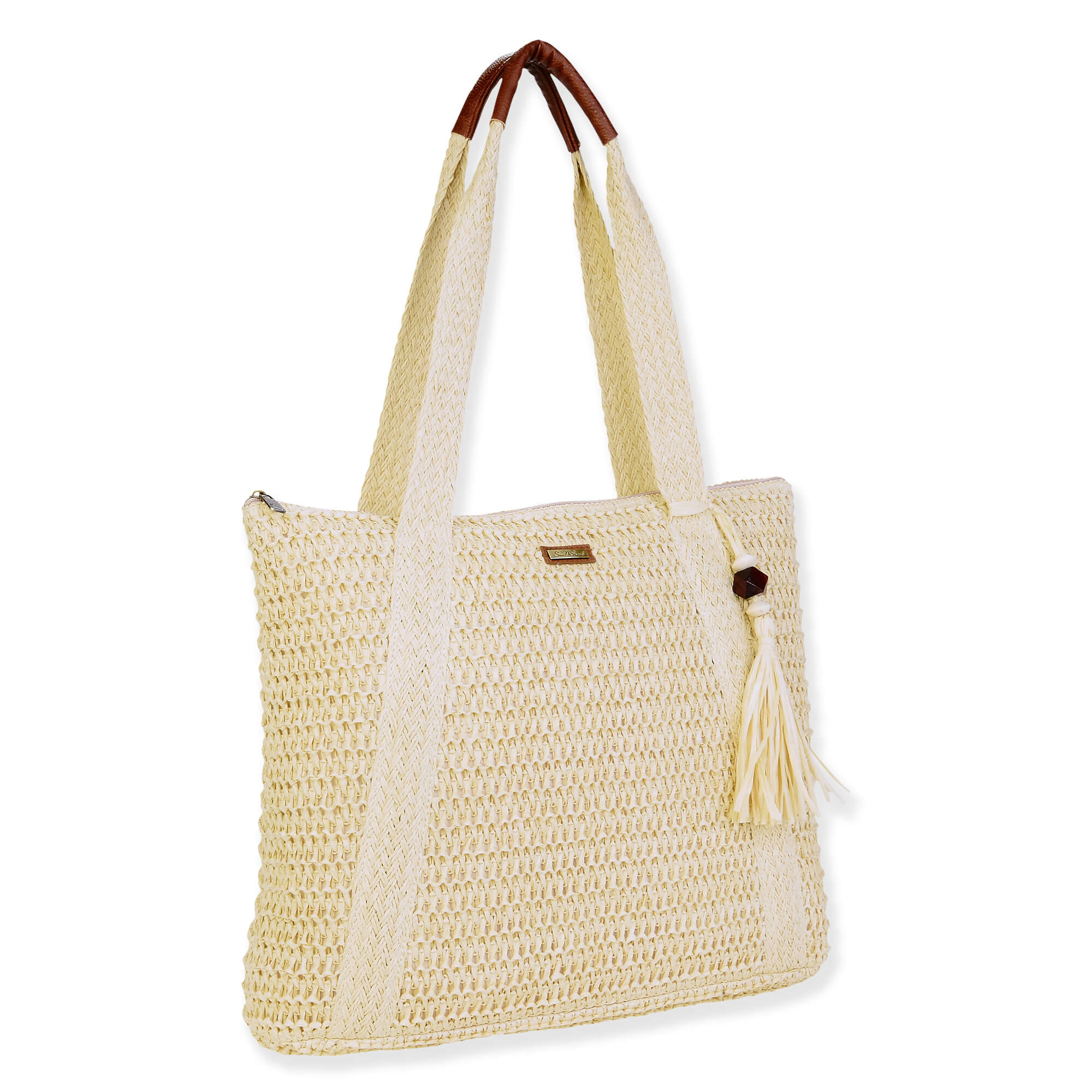Natural, Paper Crochet Shoulder Tote | CE6697 A | Side View