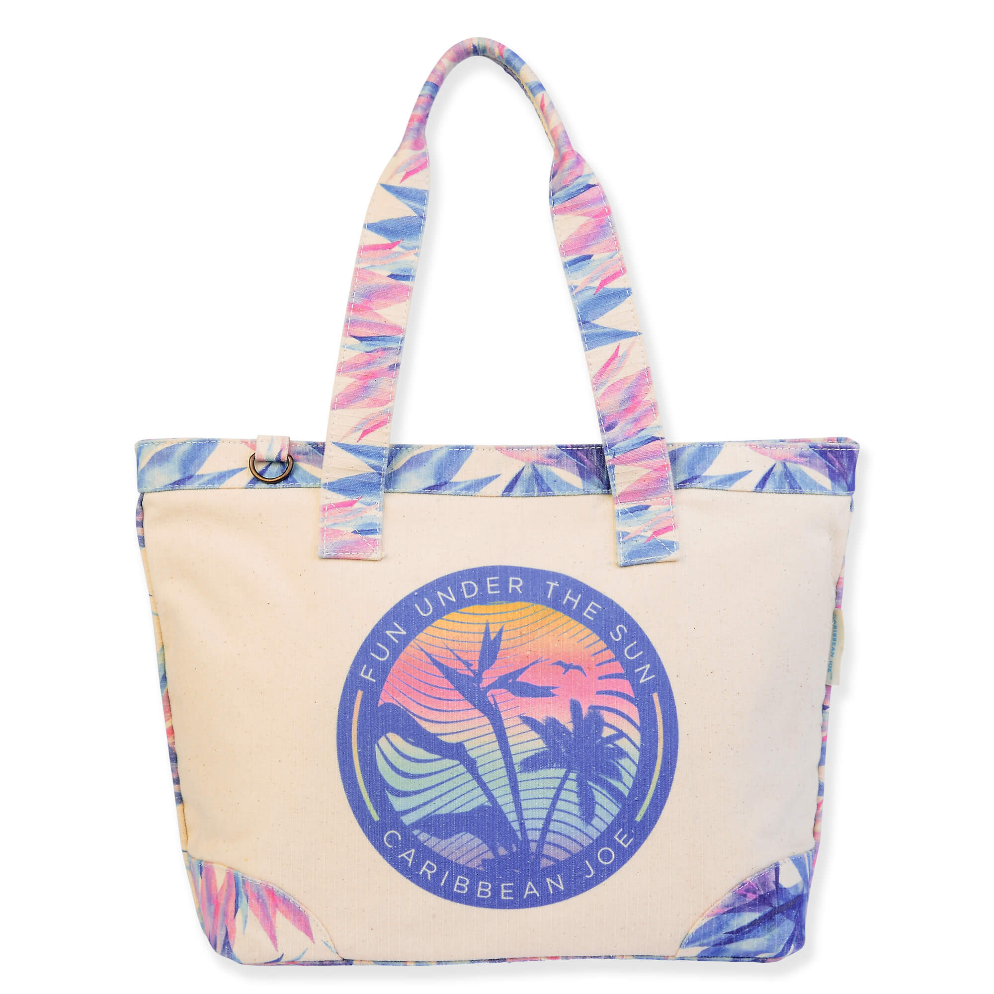 Canvas beach tote bag with circular sunset palm logo print, pastel tropical trim edges, reinforced shoulder handles, soft rectangular shape, front view shown