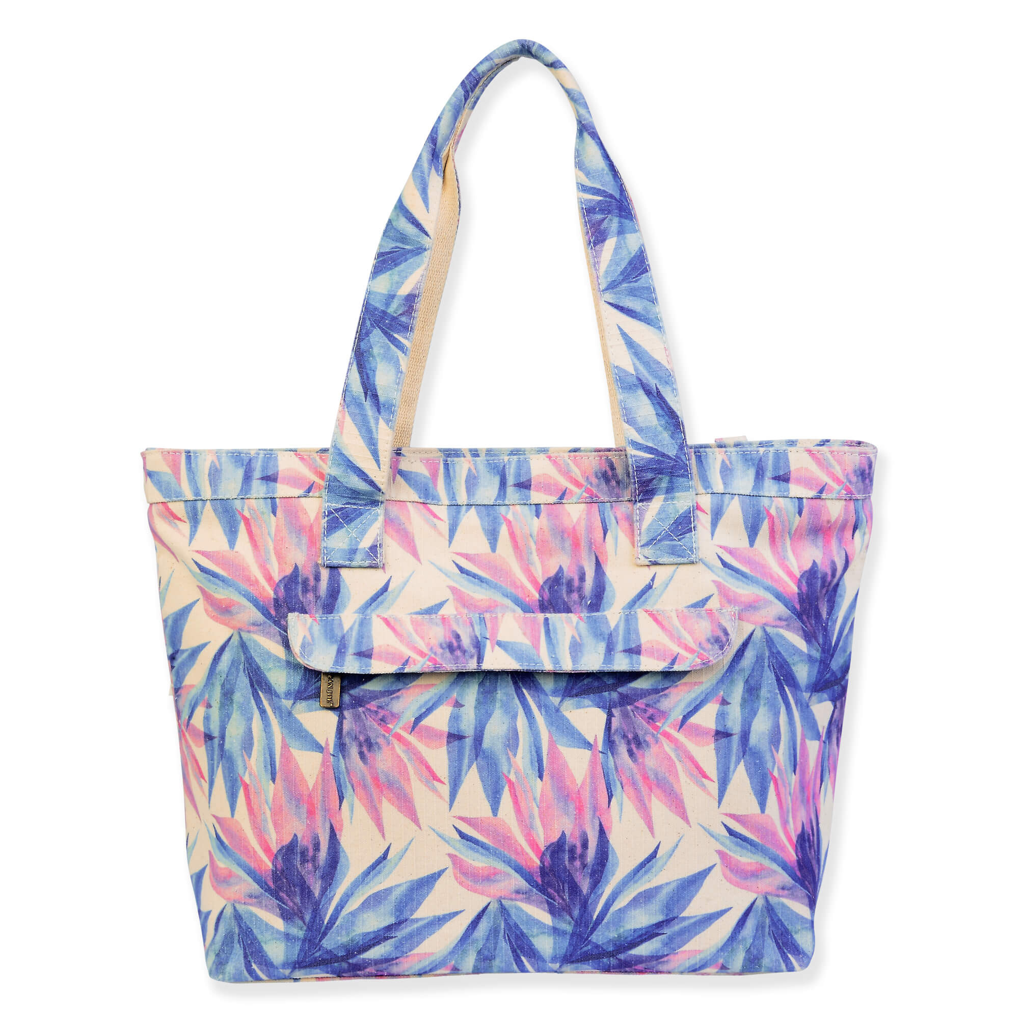 Canvas beach tote bag with pastel tropical leaf pattern, rear zippered slip pocket, textured fabric panels, reinforced shoulder handles, back view shown