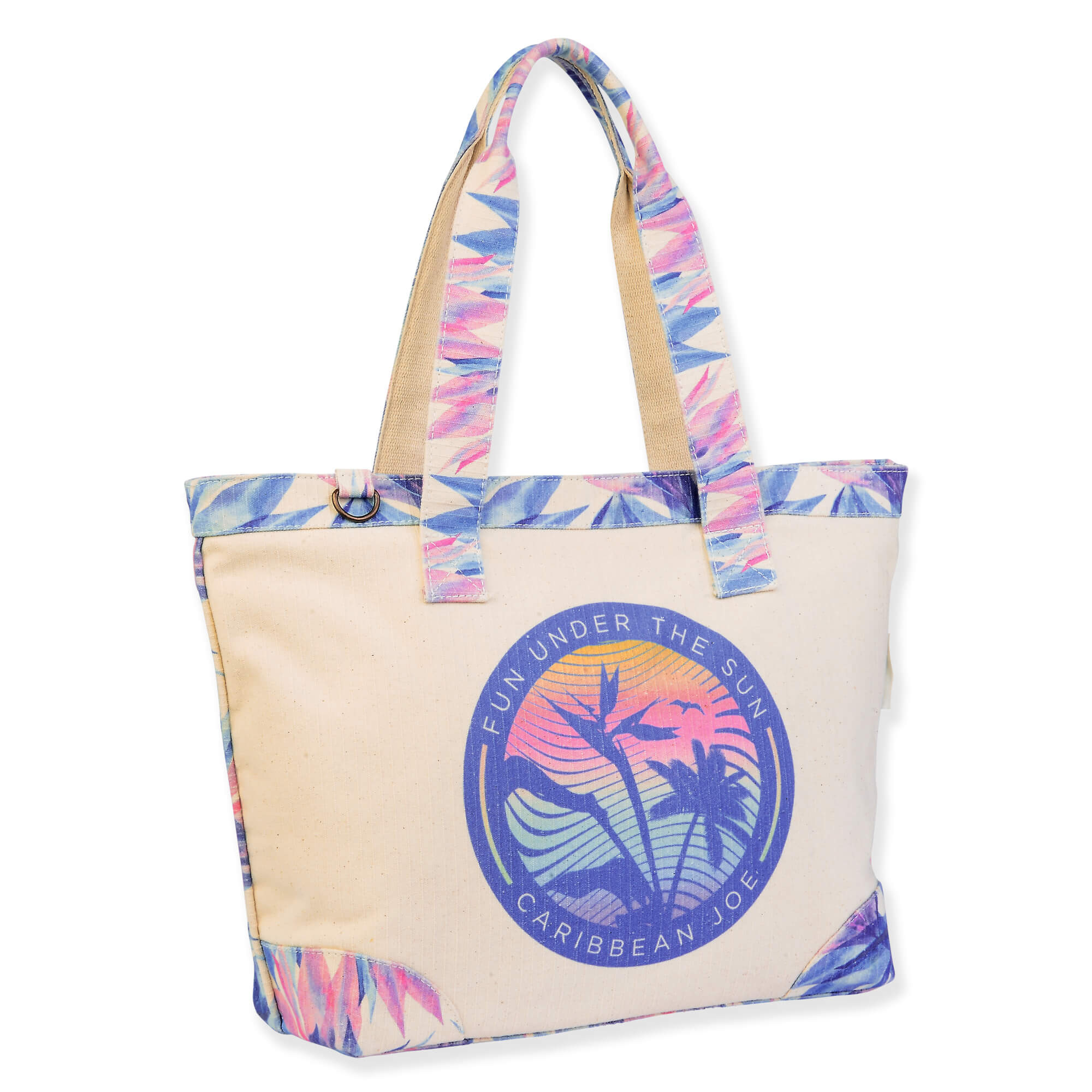 Canvas beach tote bag with circular sunset palm logo print, pastel tropical trim edges, reinforced shoulder handles, angled side view shown