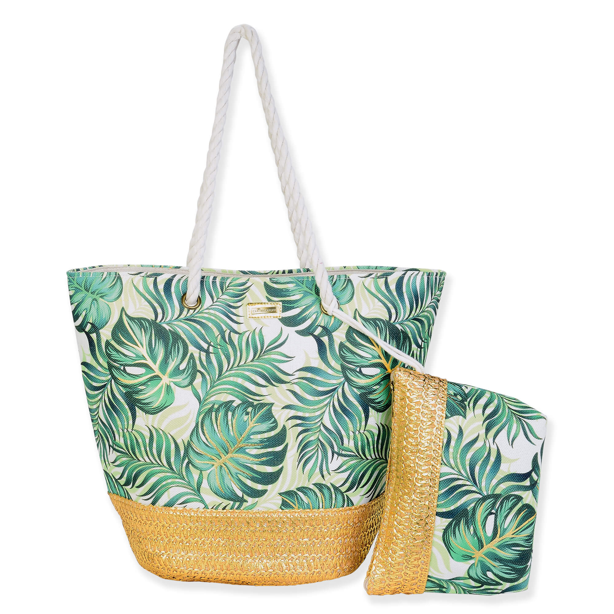 Green palm leaf print canvas beach tote with woven straw base, matching zippered pouch, tassel accent, reinforced white handles, front view shown
