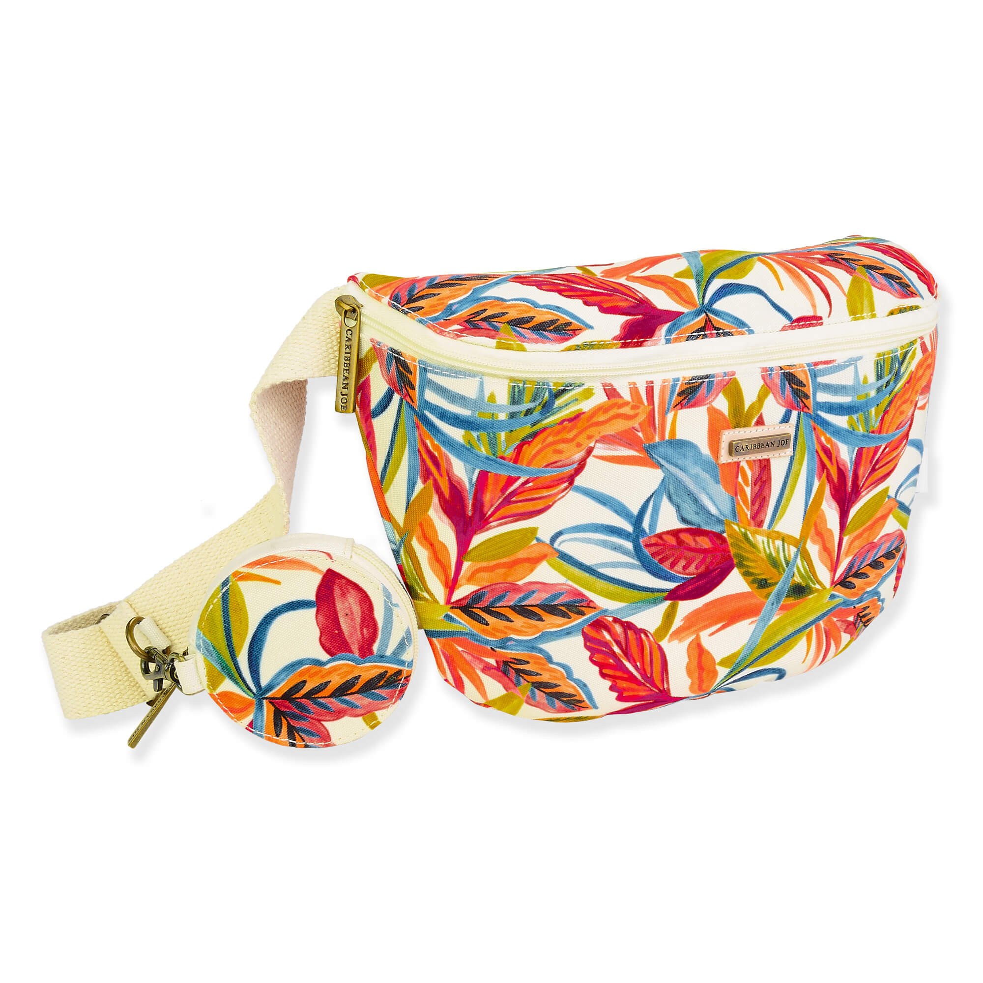 Tropical floral waist bag with colorful leaf print fabric, zippered main pouch, adjustable beige strap, matching round coin purse, angled side view