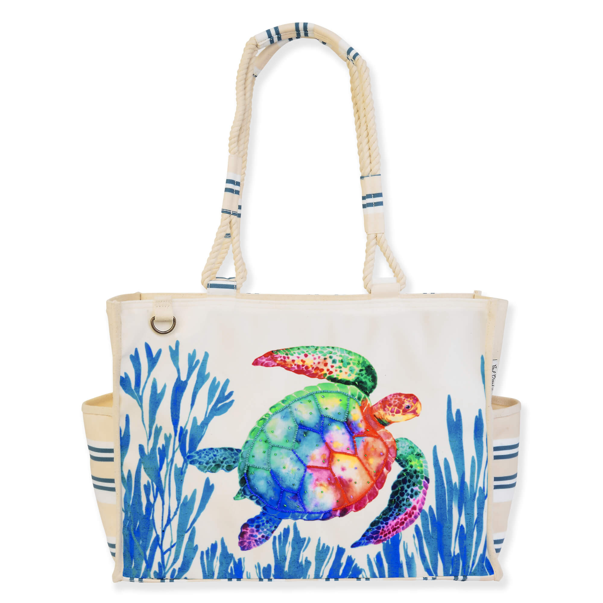 Canvas beach tote bag with colorful sea turtle artwork, coral reef illustration, reinforced striped handles, rectangular shape, front view shown