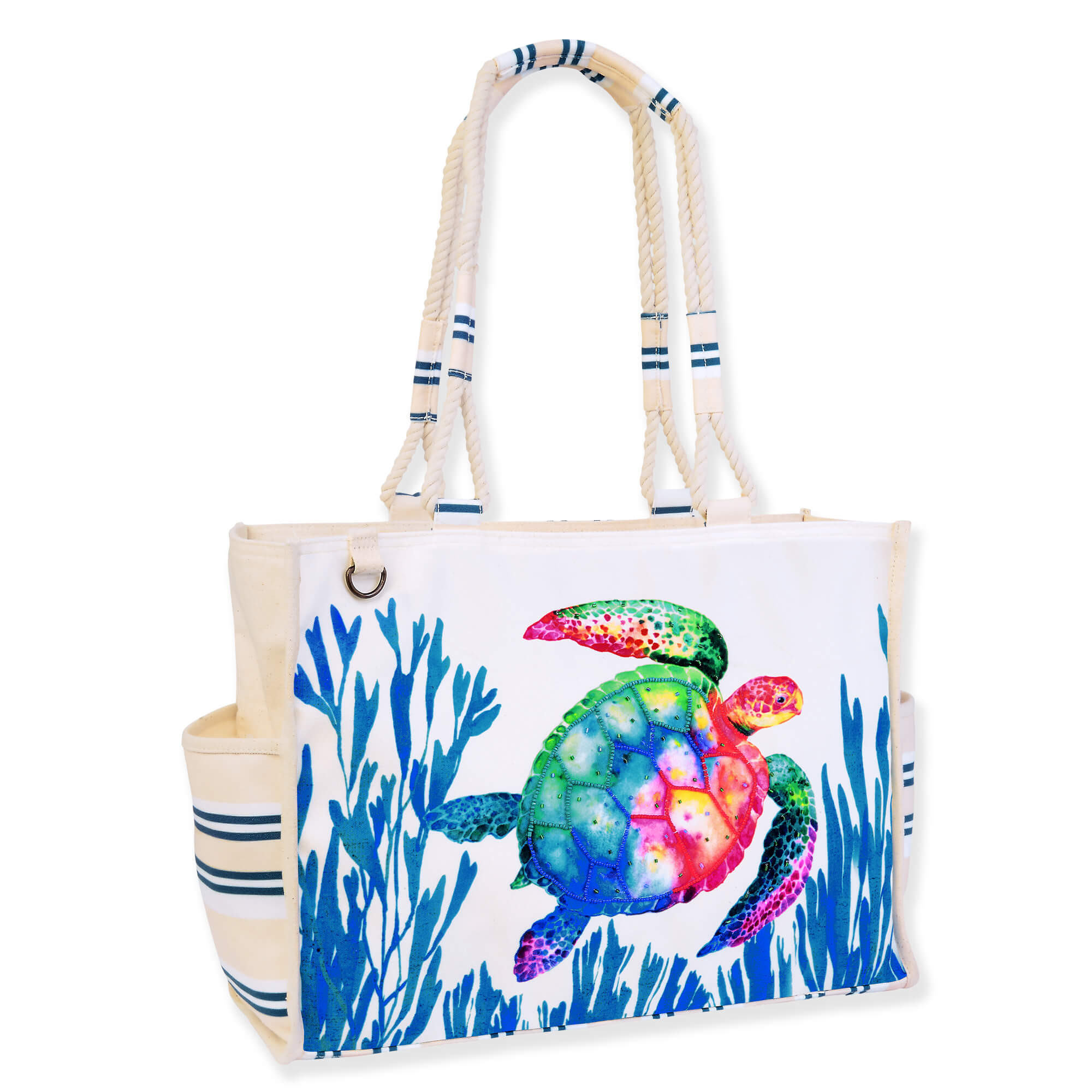 Canvas beach tote bag with colorful sea turtle artwork, coral reef illustration panels, reinforced striped handles, structured sides, angled side view