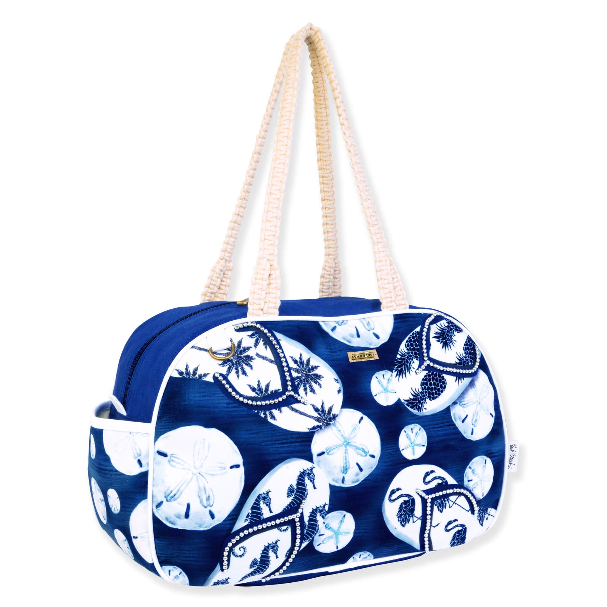 Navy blue canvas cosmetic pouch with white flip flop and starfish print, rounded gusseted sides, top zipper, rope handle, angled side view