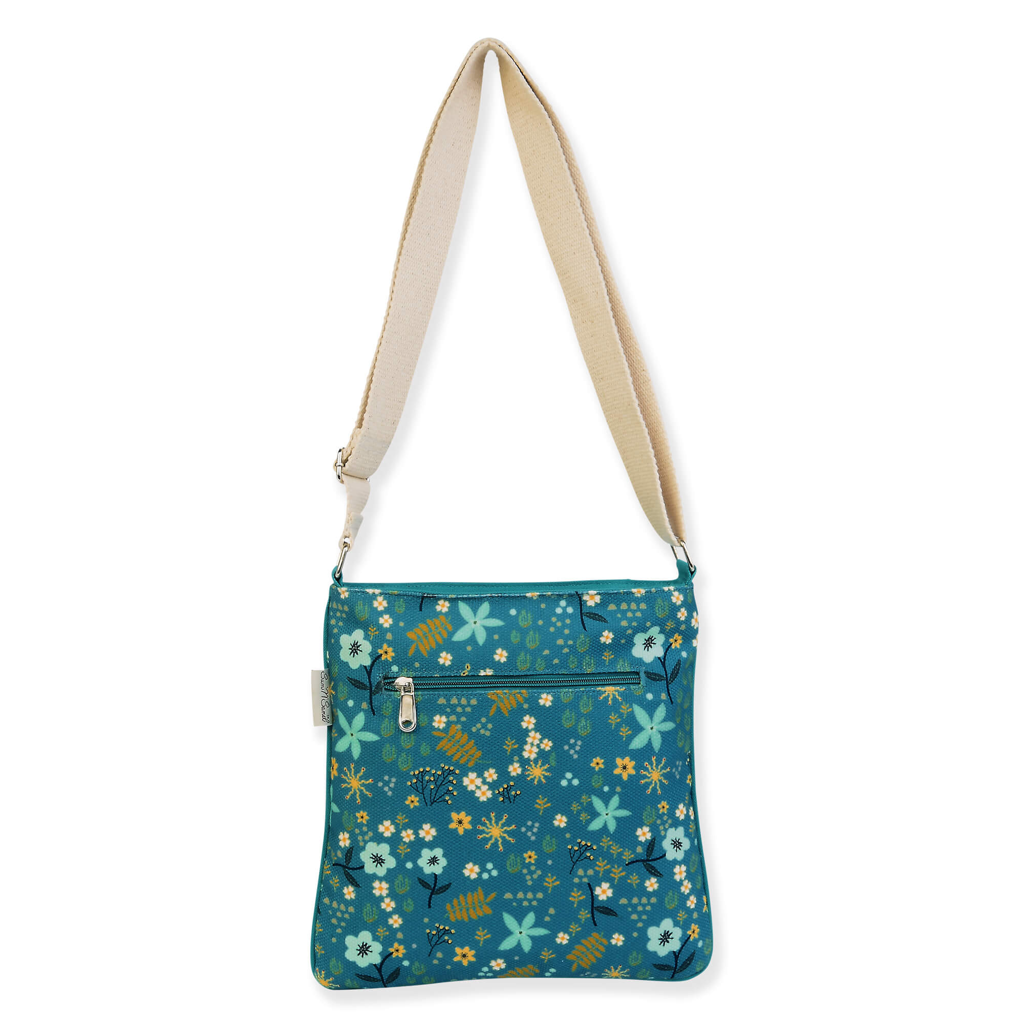 Canvas crossbody bag with teal floral pattern, textured fabric, rear zippered pocket, adjustable beige shoulder strap, rectangular shape, back view shown