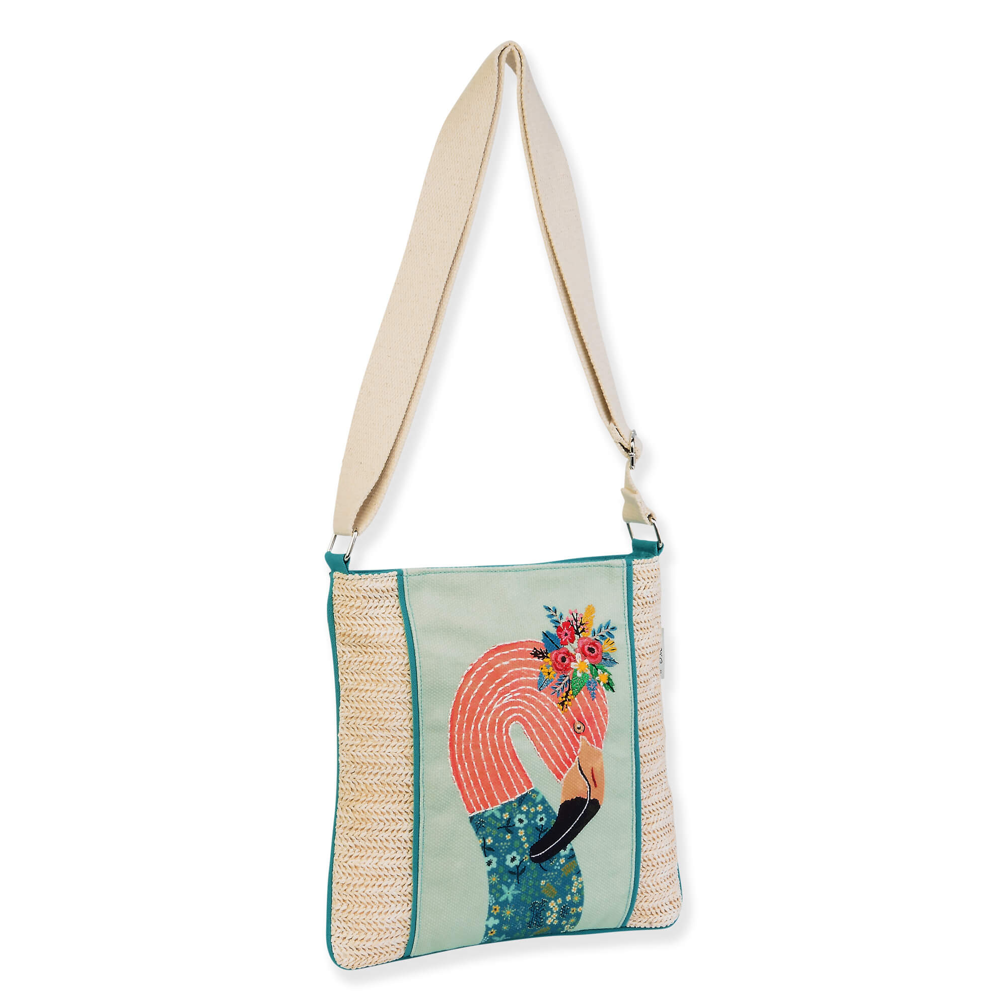 Canvas crossbody bag with embroidered sunset cocktail graphic, textured fabric, zippered pouch, adjustable beige shoulder strap, angled side view