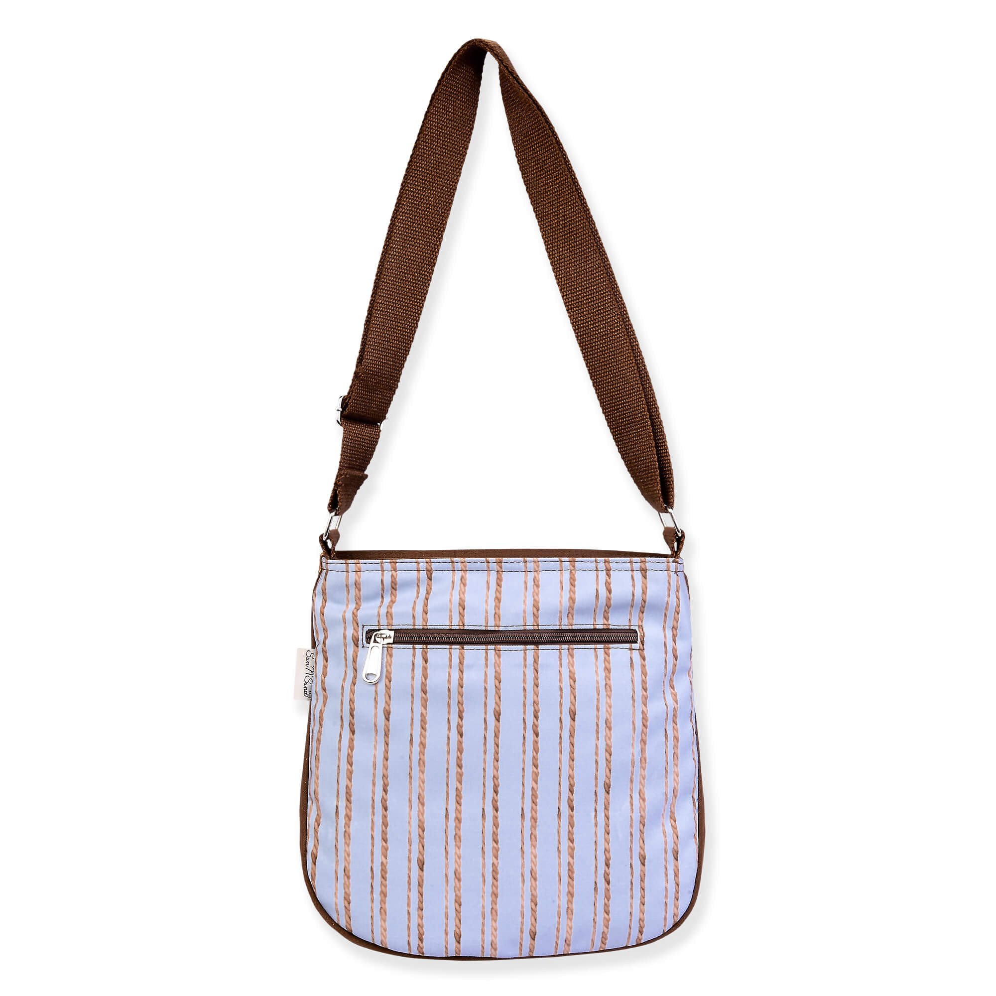 Light blue crossbody bag with vertical stripe pattern, rear zippered pocket, curved silhouette, adjustable brown shoulder strap, back view shown