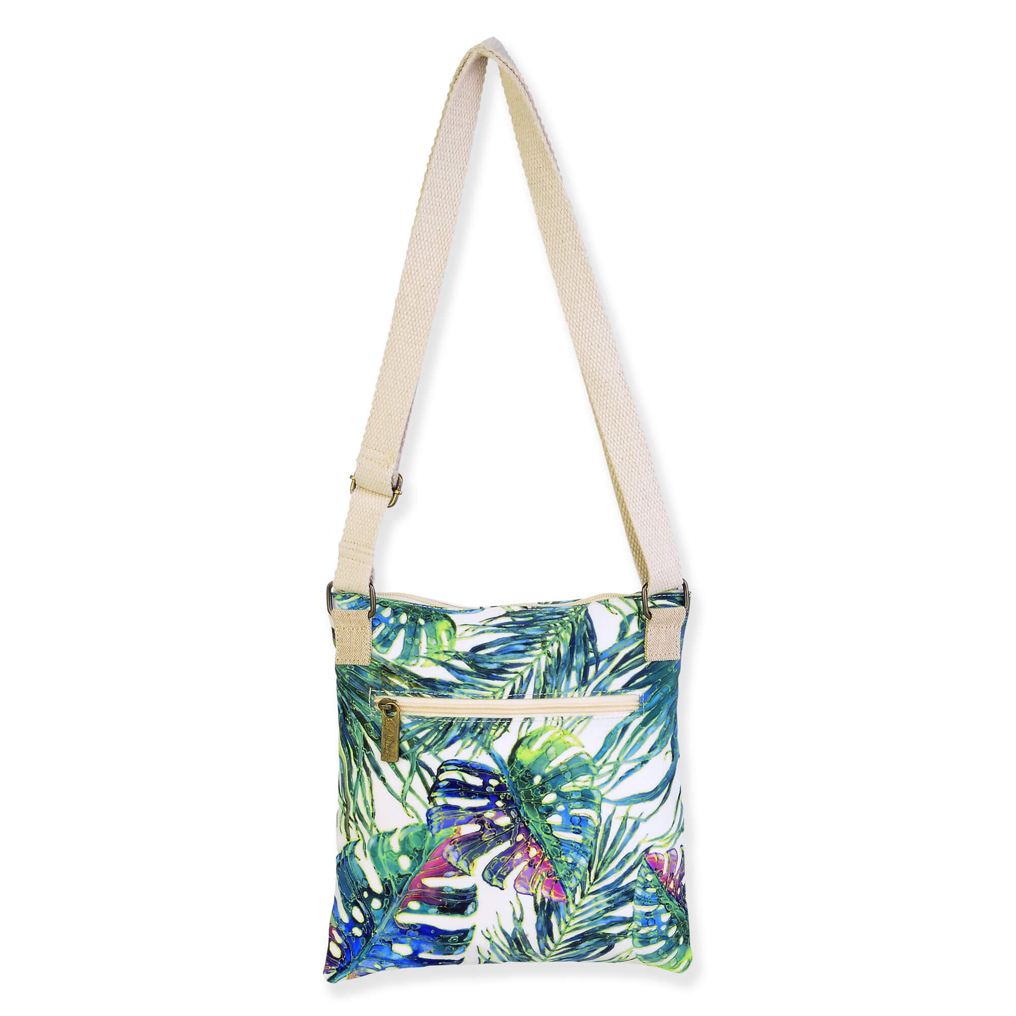 Tropical print crossbody bag with palm leaf fabric, smooth textile backside, adjustable beige shoulder strap with slider hardware, back view shown